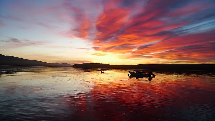 canoe floating on lake under cloudy sky, sunset, river, boat HD wallpaper