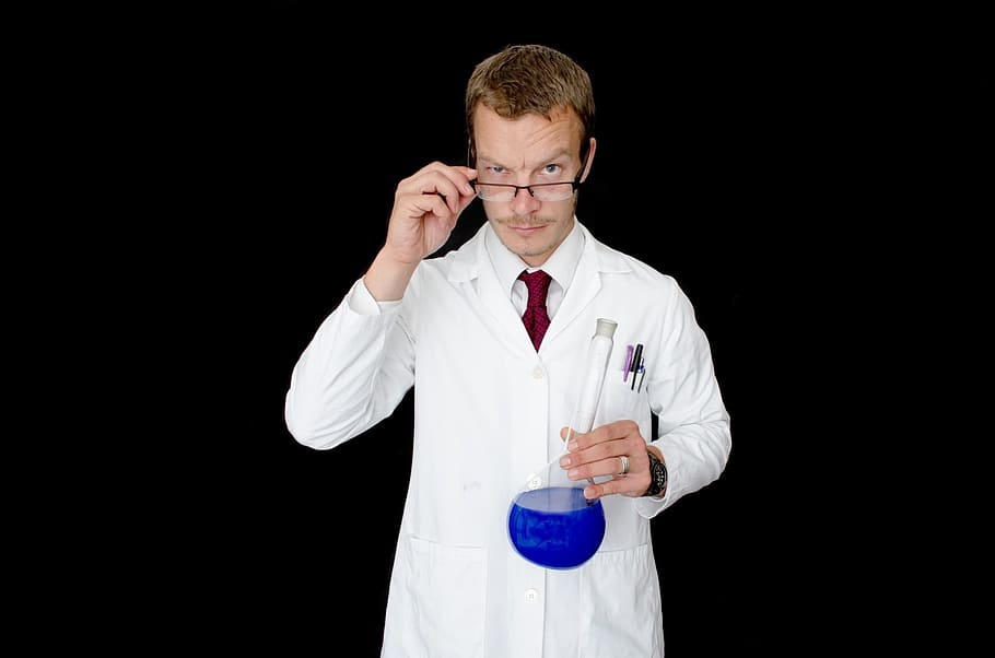 man wearing laboratory gown and eyeglsses, coat, people, glass