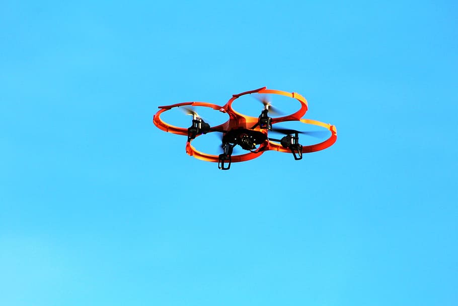 red quadcopter drone in flight, Fly, Rotor, Aircraft, blue HD wallpaper