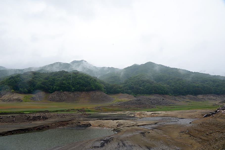 soyang river, drought, valley, environment, mountain, water HD wallpaper
