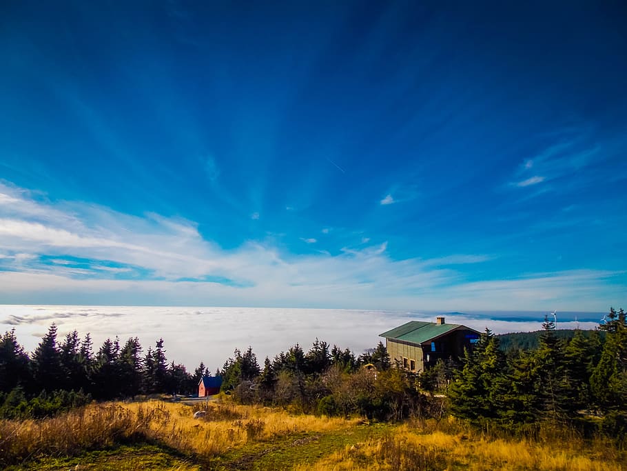 Inversion, Klínovec, Clouds, Sun, Nature, background, house HD wallpaper