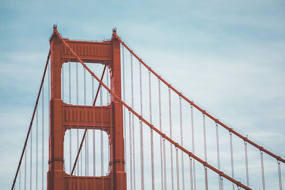 suspension bridge under blue sky, clouds, red, white, lines HD wallpaper