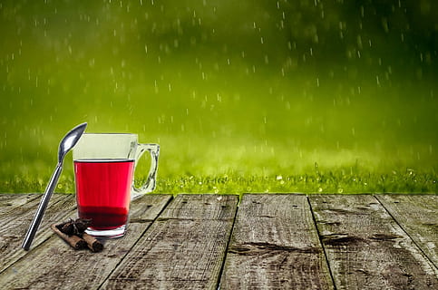selective photography of clear glass mug with stainless steel spoon on brown surface HD wallpaper