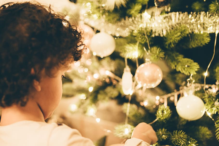 girl facing Christmas tree with baubles, people, kid, baby HD wallpaper