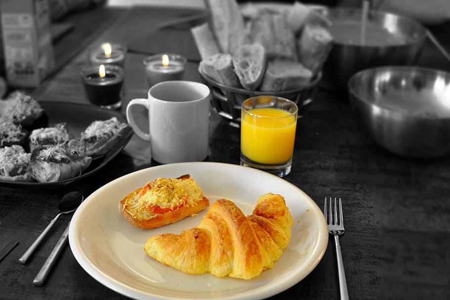 selective photography of bread on white round plate, continental HD wallpaper