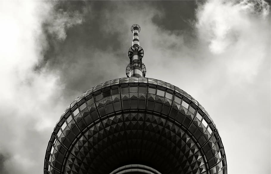 sky, clouds, tower, architecture, black and white, sculpture HD wallpaper