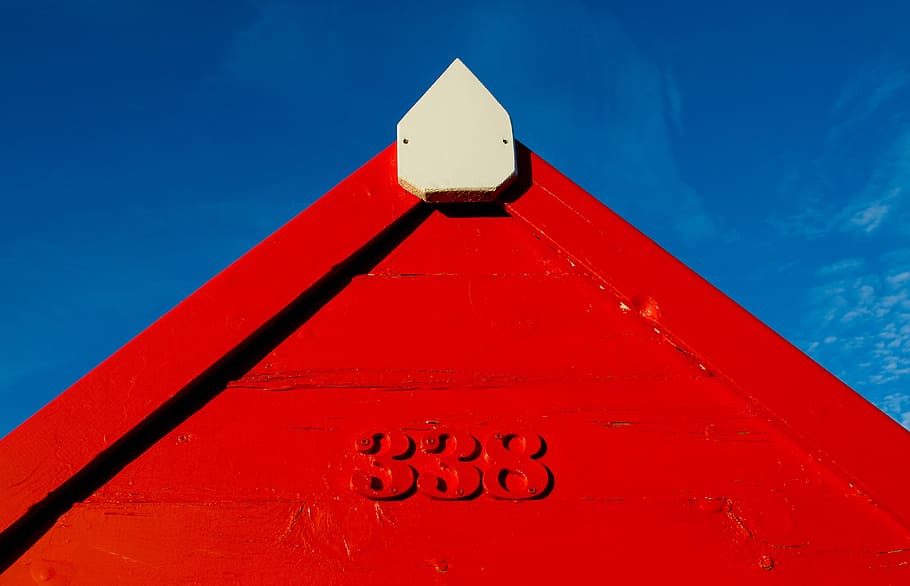 A red coastal hut contrasts against a blue sky, various, abstract, HD wallpaper