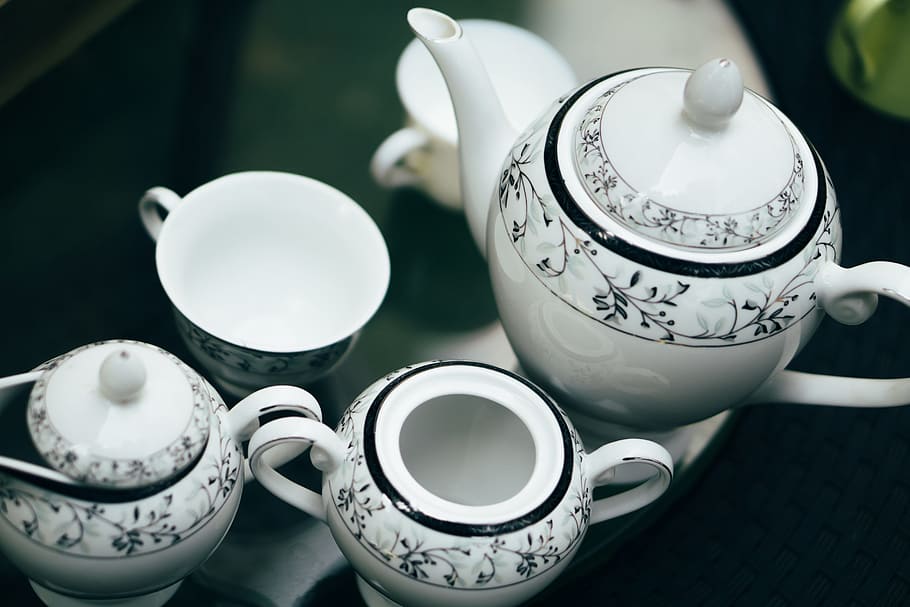white-and-black floral ceramic tea set, crockery, dishes, tableware
