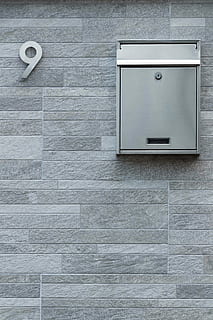 gray steel mailbox, closed silver cabinet on wall, number, nine HD wallpaper