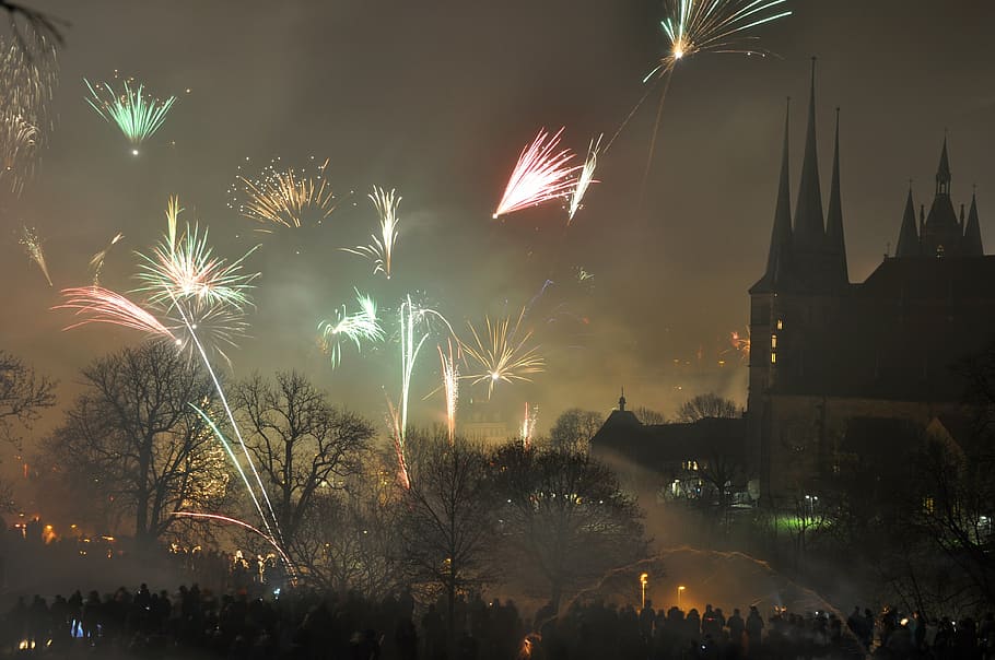 fireworks, new year's eve, erfurt, dom, toompea, church, rocket, HD wallpaper