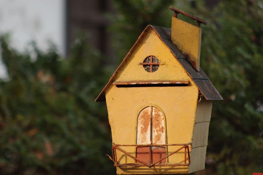 letter box, mailbox, postman, yellow, focus on foreground, birdhouse HD wallpaper