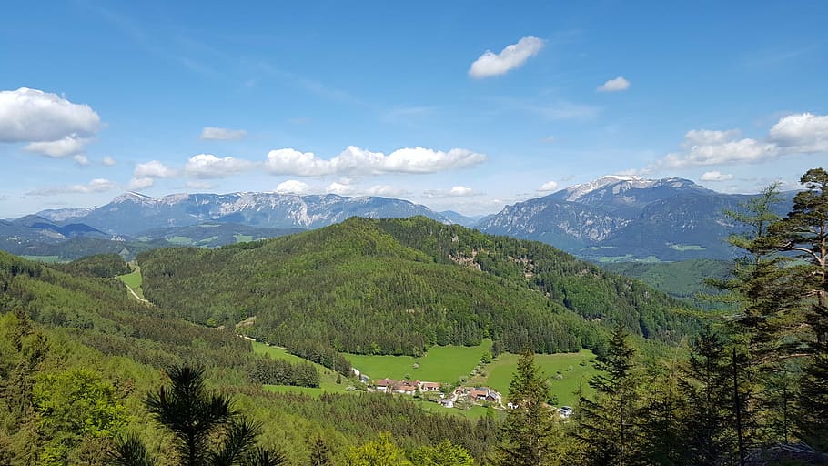 mountains, forest, nature, landscape, sky, vision, hiking, place HD wallpaper