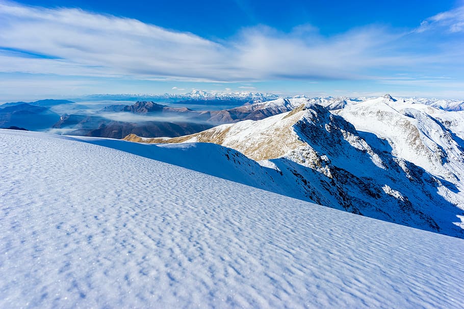 aerial view of mountains covered with snow during daytime, peak HD wallpaper