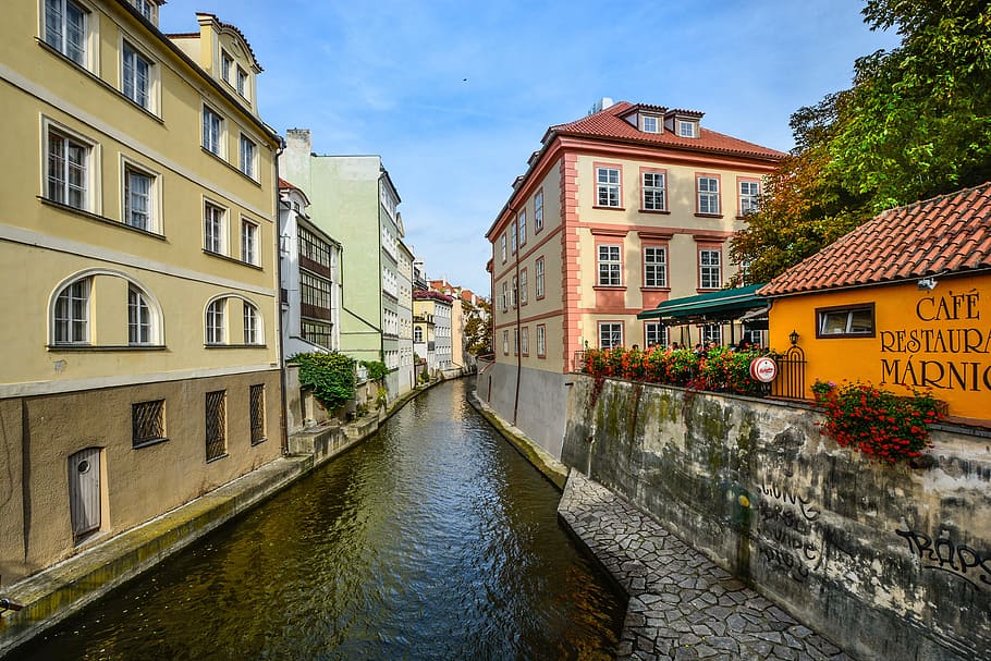 Prague, Czech, Cafe, River, Canal, Praha, city, building exterior HD wallpaper