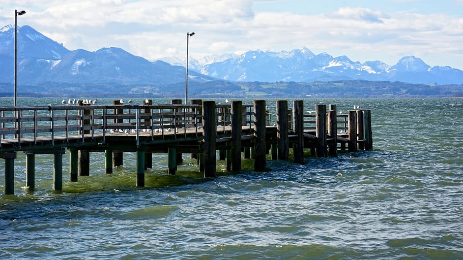 jetty, web, wood, pier, landscape, lake, chiemsee, bavaria HD wallpaper