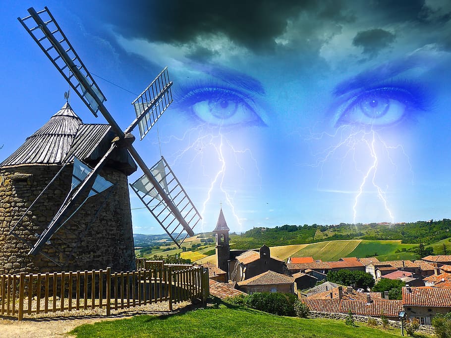 wallpaper, eyes, lightning, angry, clouds, windmill, grass HD wallpaper