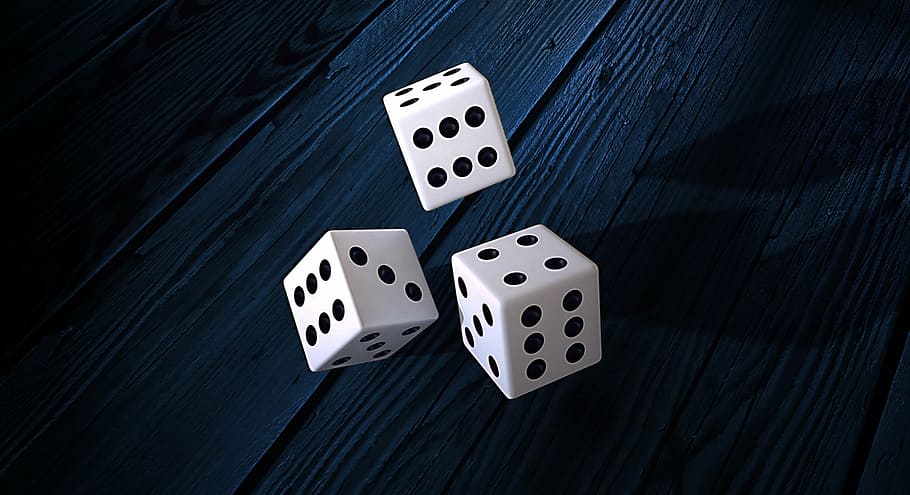 three dice on wooden tables, cube, play, random, luck, points