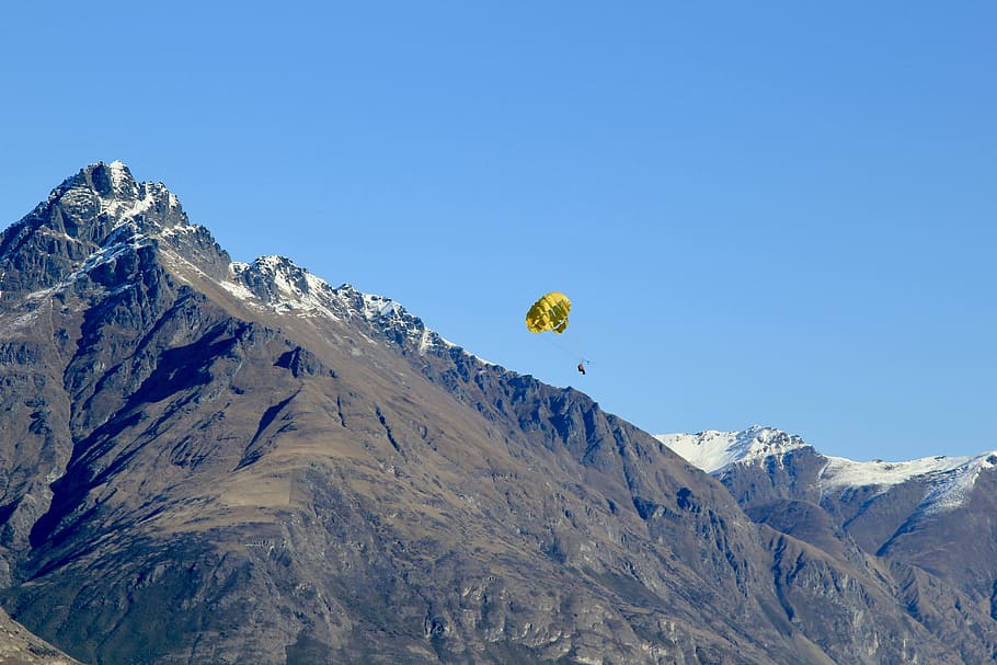 wow, fun, paraglide, mountain, landscape, boat, leisure, sky HD wallpaper