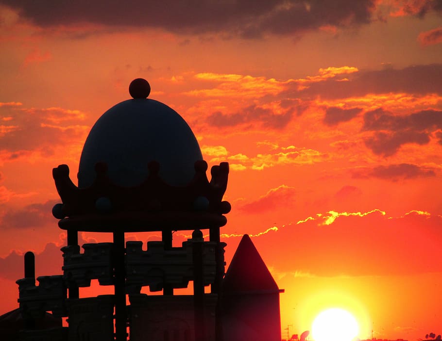 child, park, sundown, sunset, silhouette, orange color, sky HD wallpaper