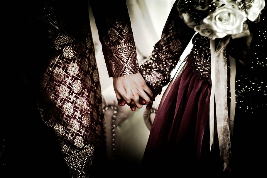 newly wed couple holding hands, wedding, people, love, marriage