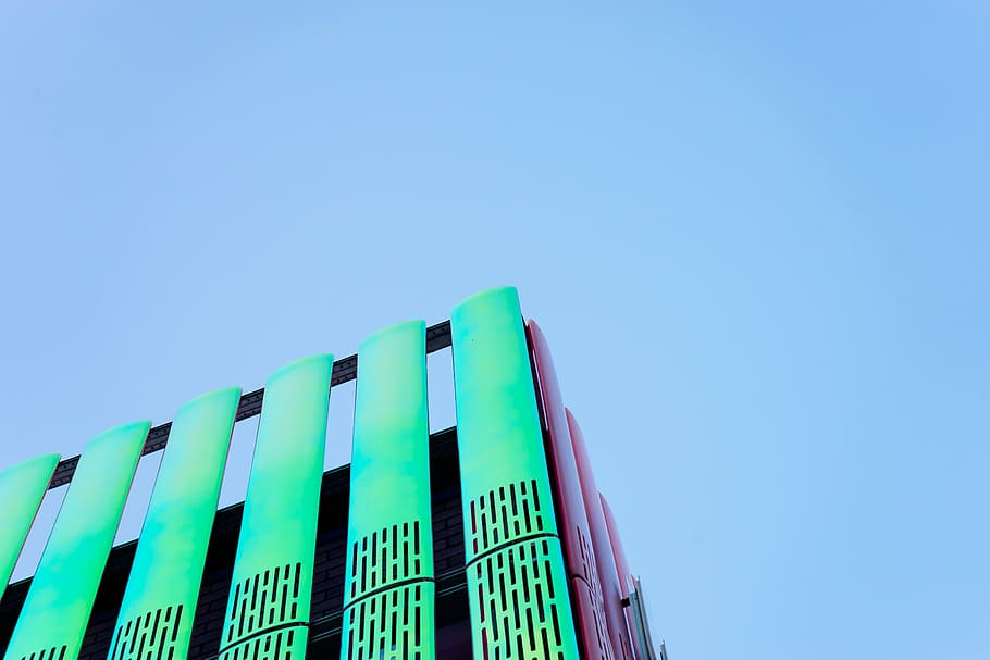 low angle photography of green and red building, architecture HD wallpaper
