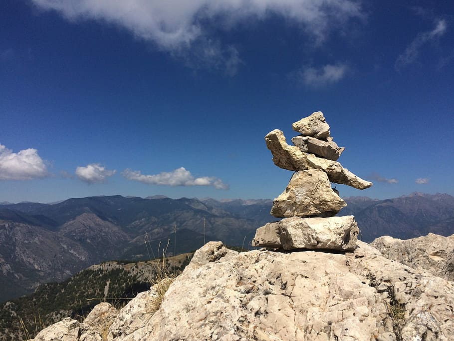 Cairn, Mountain, Sky, Rock, Stone, outdoors, peak, range, scenic, HD wallpaper