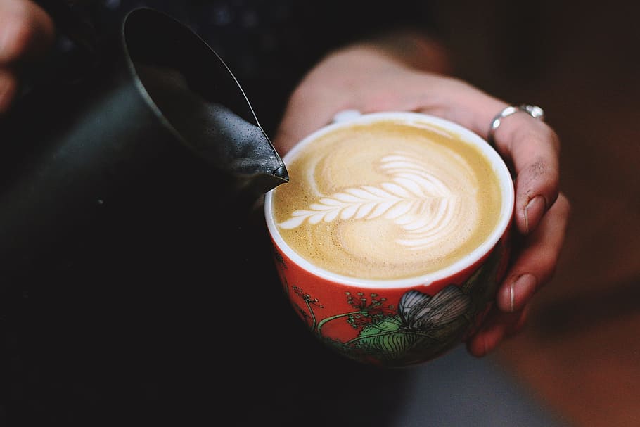 person doing coffee art on red ceramic mug, Latte Art, cup, drink HD wallpaper