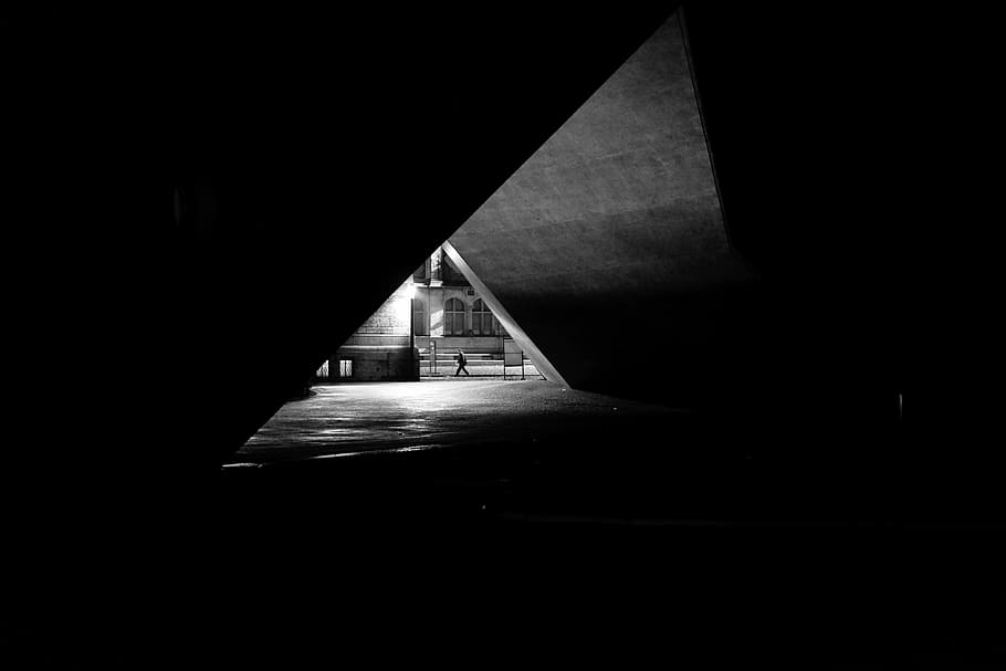 grayscale photography of tunnel, triangle, architecture, structure HD wallpaper