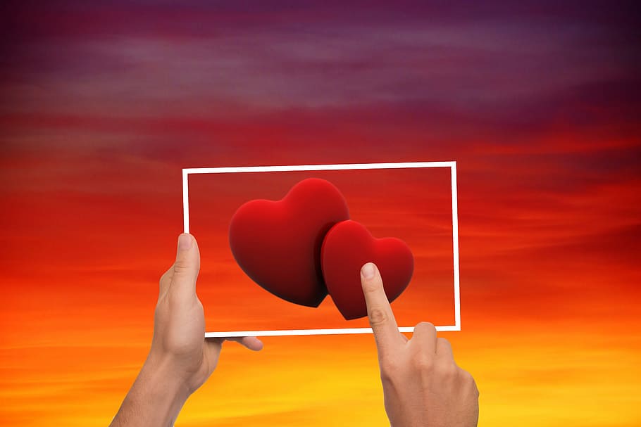 person touching two red hearts illustration, sky, love, valentine's day