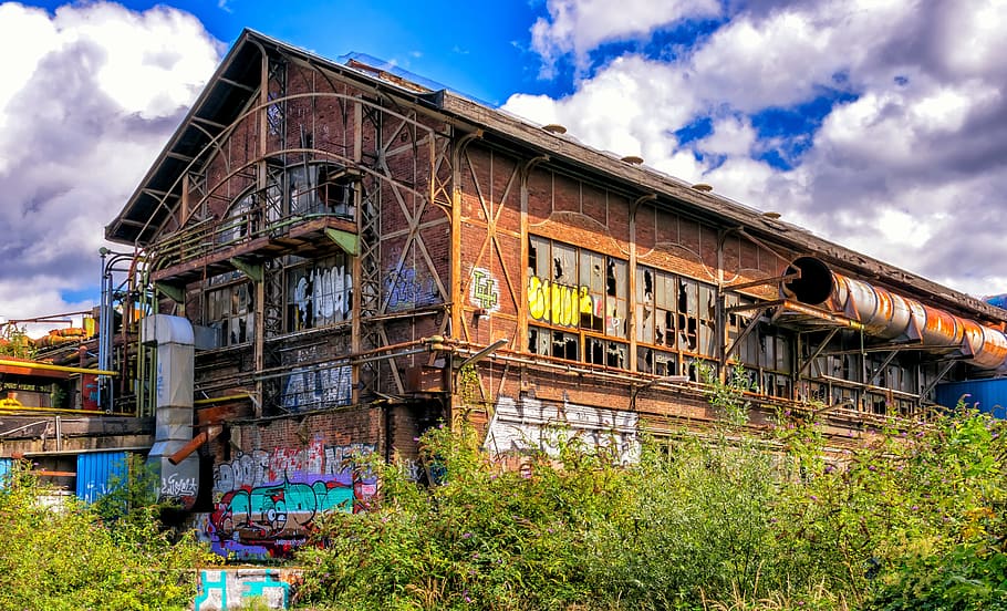 factory, hall, brick, red, pforphoto, lapsed, old factory, industry HD wallpaper