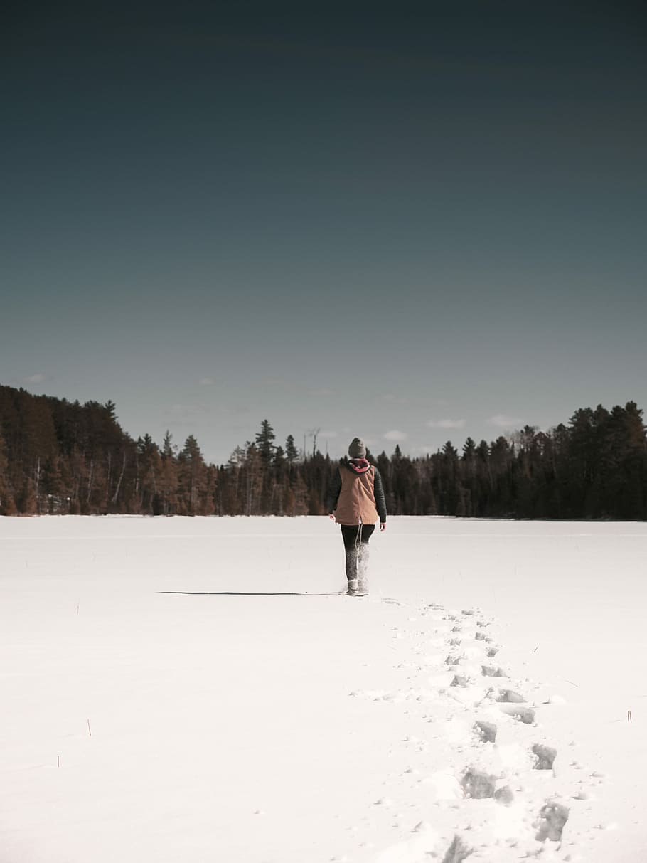 woman walking on snow towards green trees, person walking on snow fields during daytime HD wallpaper