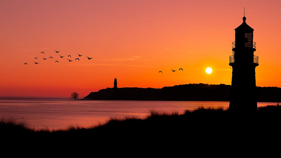 silhouette of lighthouse near body of water, landscape, sunset, HD wallpaper