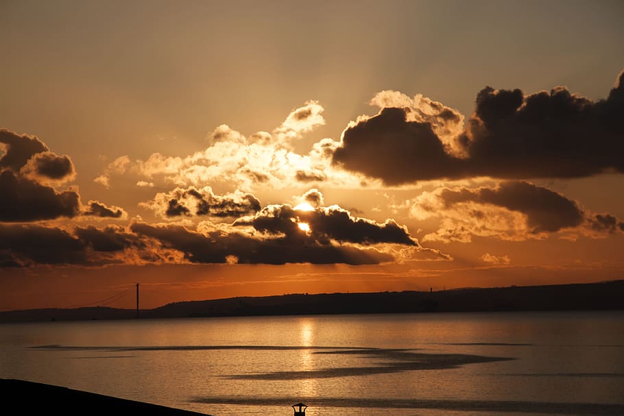 Sunset, Clouds, Landscape, Marine, Beach, water, orange, solar HD wallpaper