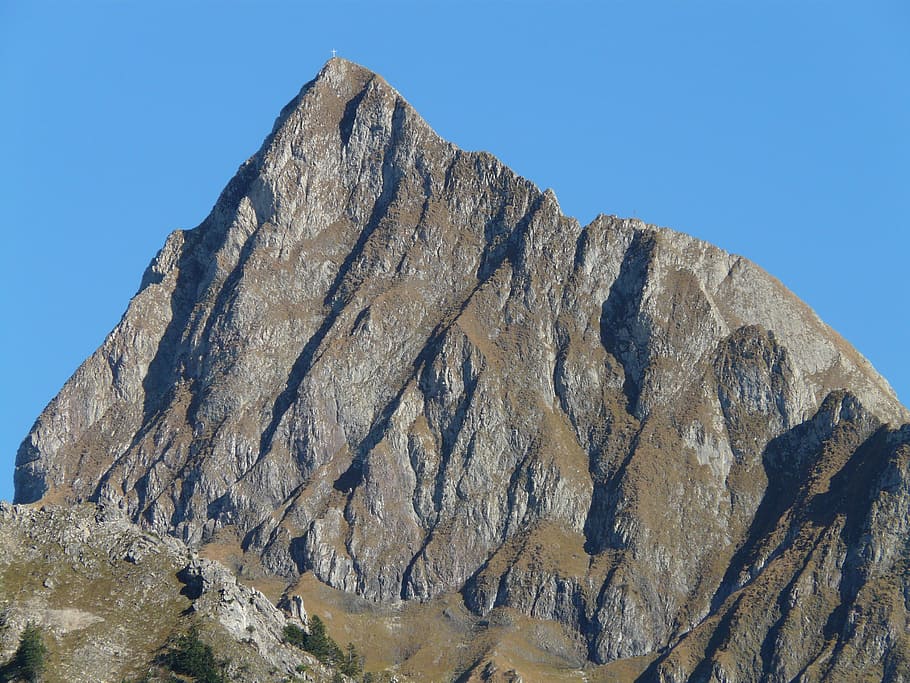 top view of mountain under blue sky, höfats, summit cross, hiking, HD wallpaper