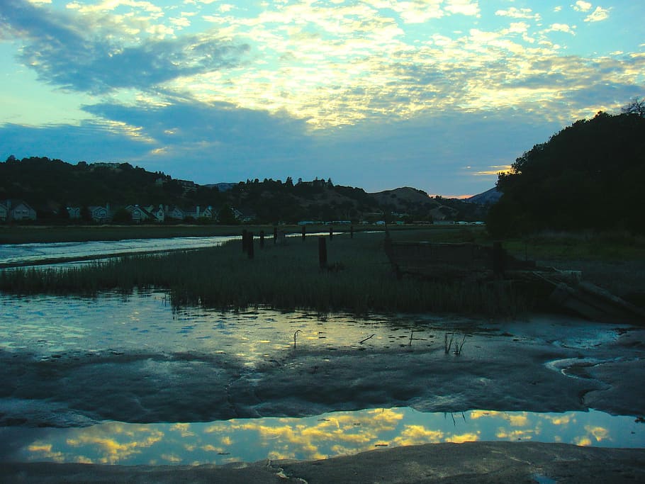 water, low tide, reflection, clouds, sunset, evening, landscape HD wallpaper