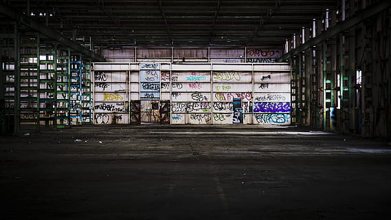 gray metal shelving unit empty with graffiti, grunge, design HD wallpaper