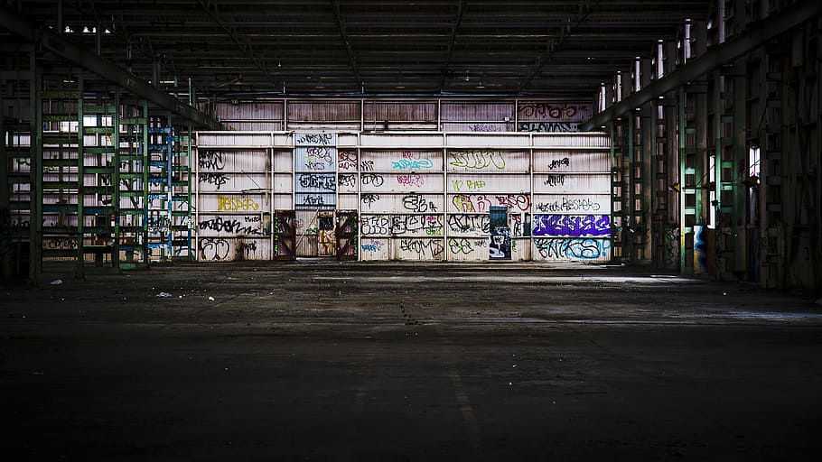 gray metal shelving unit empty with graffiti, grunge, design HD wallpaper