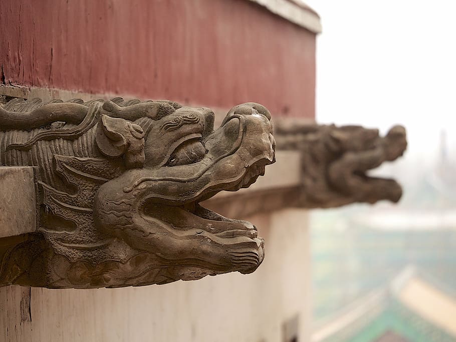 chinese, architecture, temple, sculpture, animal representation HD wallpaper