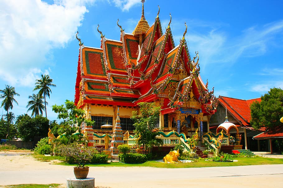 photography of red and green building, thailand, temple, roof, HD wallpaper