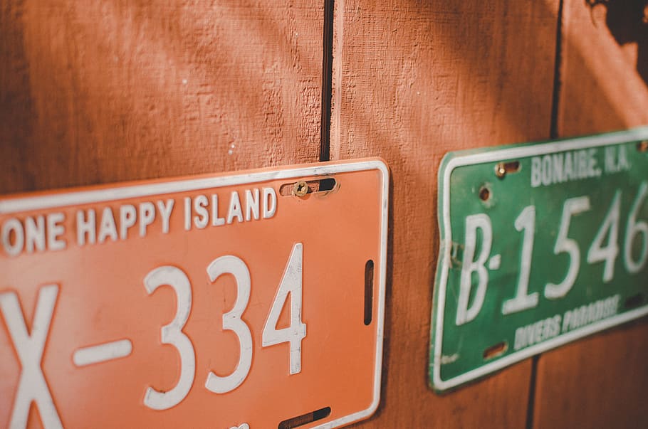 Tropical License Plates, orange and green license plate mounted on wall, HD wallpaper