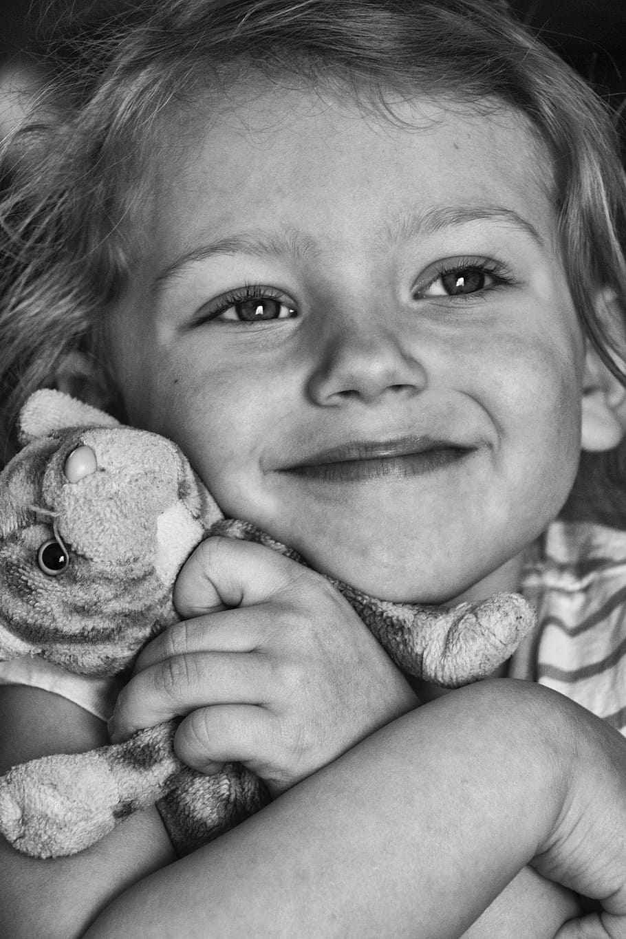 grayscale photo of girl hugging plush toy, Love, Puppy, Child, HD wallpaper