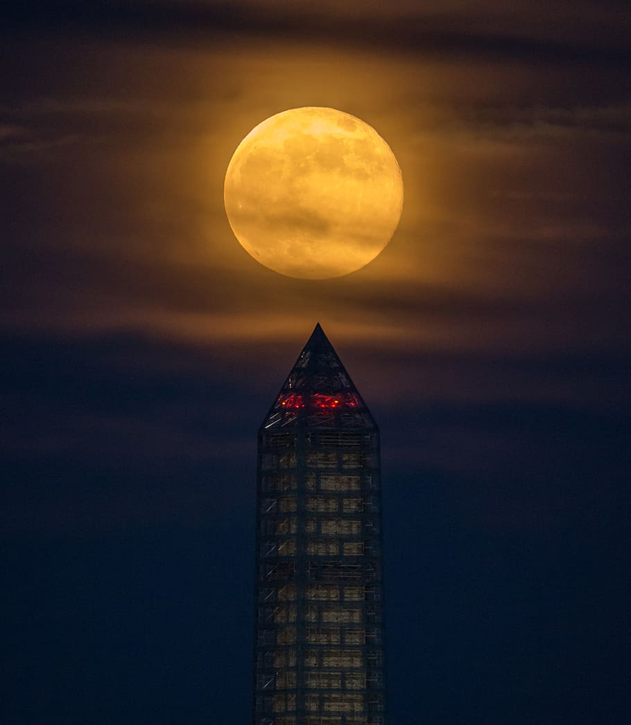 obelisk tower under moon during night time, supermoon, full HD wallpaper
