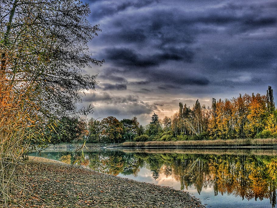 Lake, Clouds, Water-Level, Autumn, sky, reflection, autumn leaves HD wallpaper