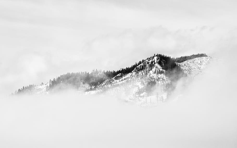 fog covered snow covered mountain, grayscale photography of mountain HD wallpaper