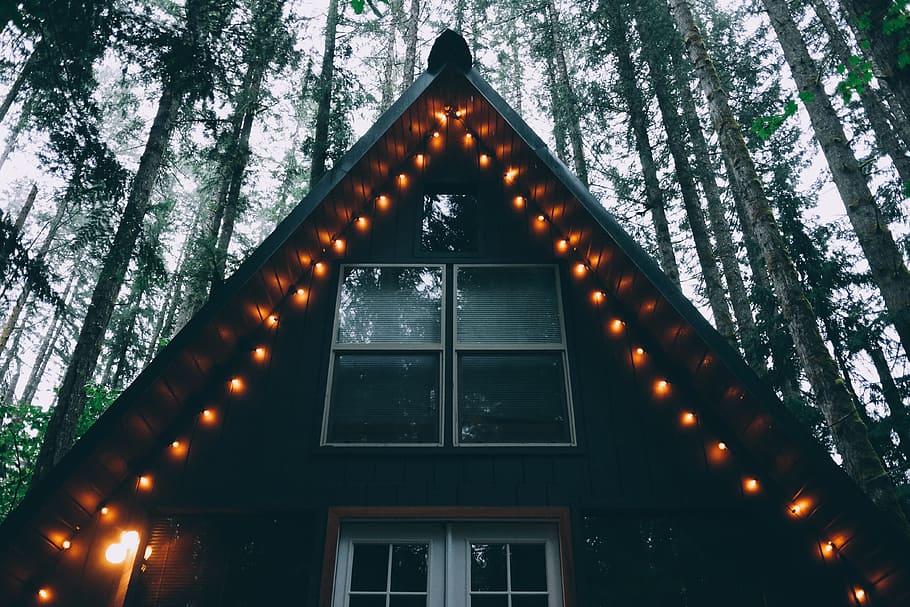 house with string lights, photo of orange light house decor, turned on HD wallpaper
