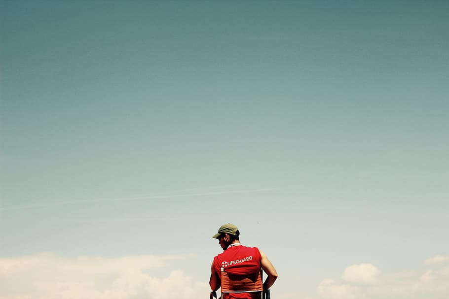 people, man, guy, alone, blue, sky, cloud, rear view, real people HD wallpaper