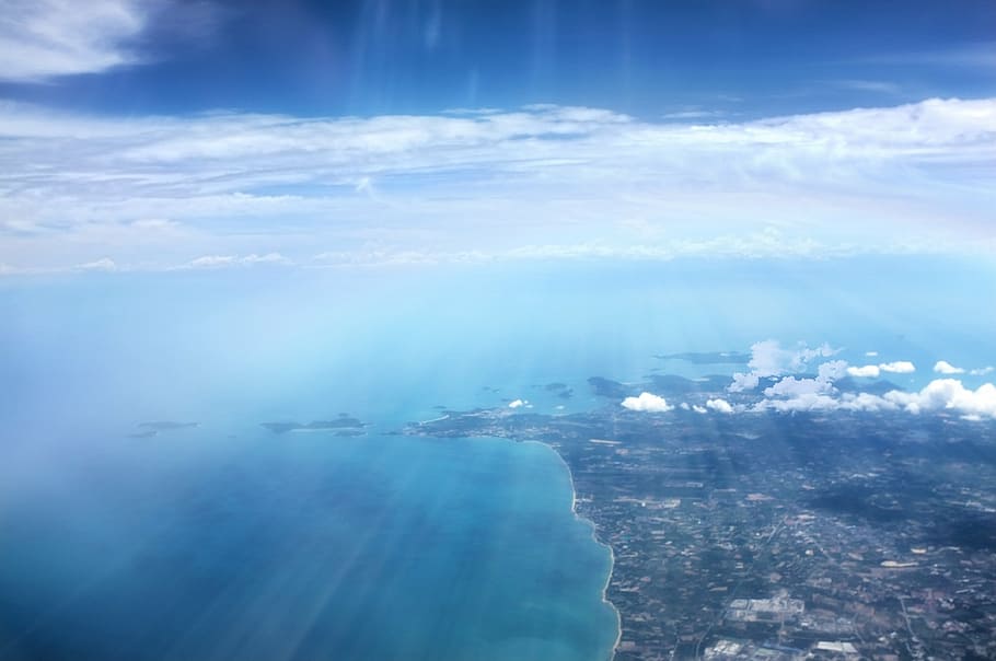 blue, sky, water, clouds, aerial, city, town, coast, shore HD wallpaper