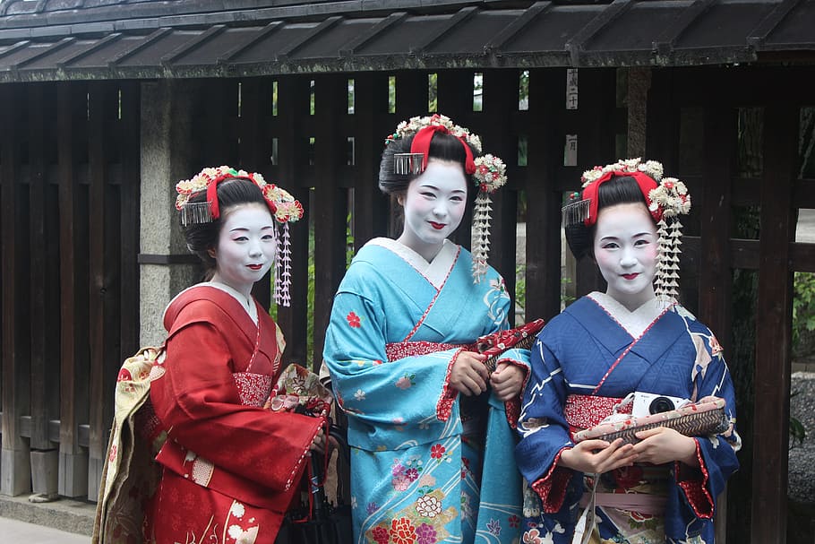 three geisha photo, girls, kimono, culture, woman, make-up, traditional