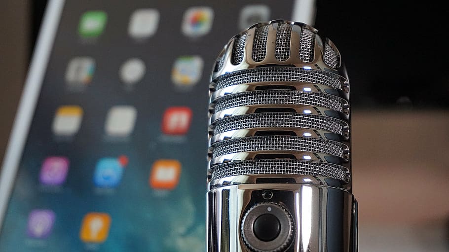 silver condenser microphone, tablet, podcast, home office, technology, HD wallpaper