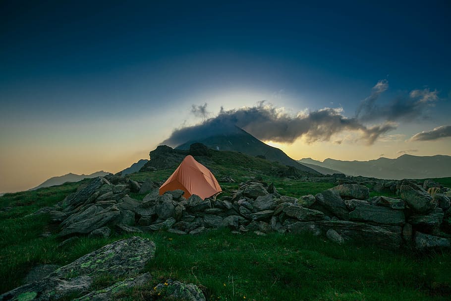 orange camping tent on green mountain, highland, cloud, sky HD wallpaper
